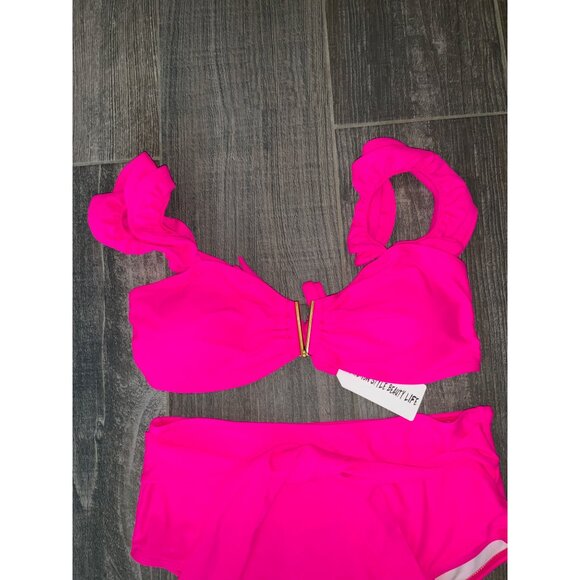 Hot Pink Ruffle Bikini Set With High Waist & Tie Details - Size Large - Picture 2 of 3